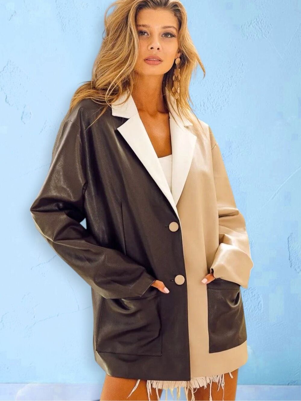BiBi Faux Leather Color Block Blazer Jacket Mocha Taupe White NEW